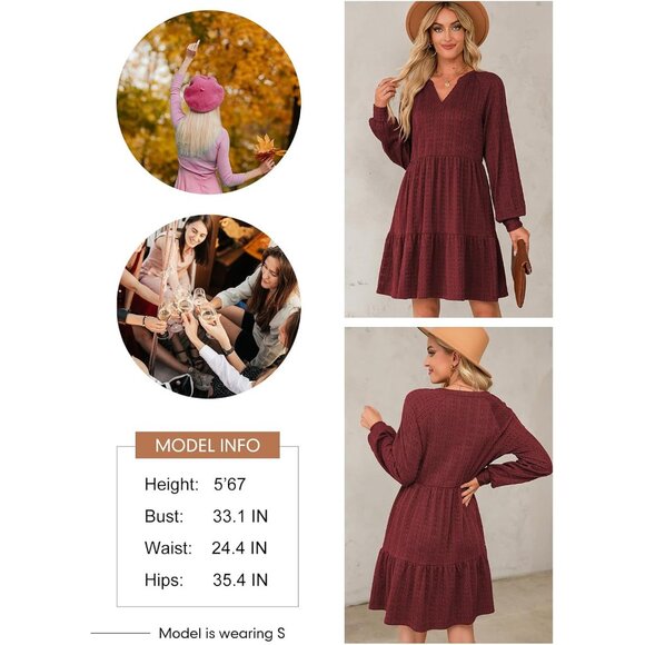 Women’s Fall V Neck Textured Ruffle A-Line Mini Dress Lightweight Casual - Picture 6 of 6